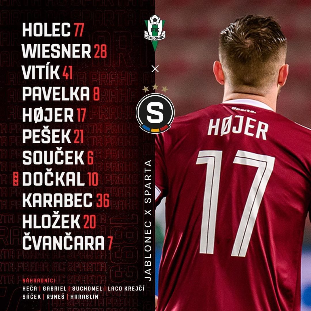 1️⃣1️⃣ SESTAVA | V dohrávce v Jablonci nastoupíme ve složení:

? Holec - Wiesner, Vitík, Pavelka, Højer - Pešek, Souček, Dočkal, Karabec, Hložek - Čvančara.

? Zdraví do hry nepustí Juliše, Pulkraba, Čelůstku, Panáka, Hancka a Minčeva. Kvůli kartám nehraje LK37. #acsparta